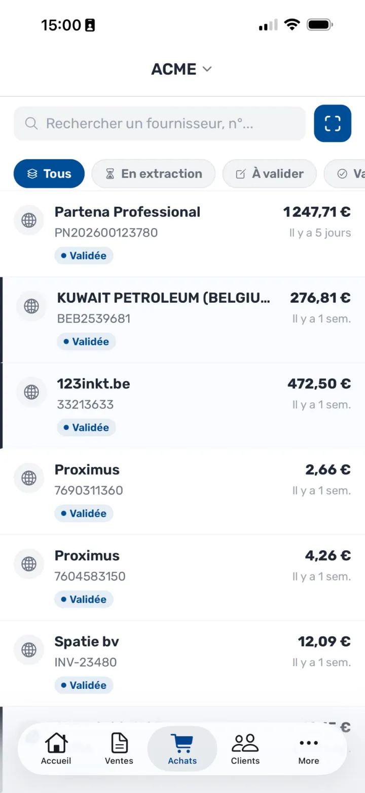 Liste des achats dans l'application mobile MaFacturation