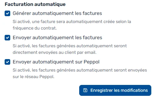 Options de facturation automatique d'un contrat récurrent dans MaFacturation
