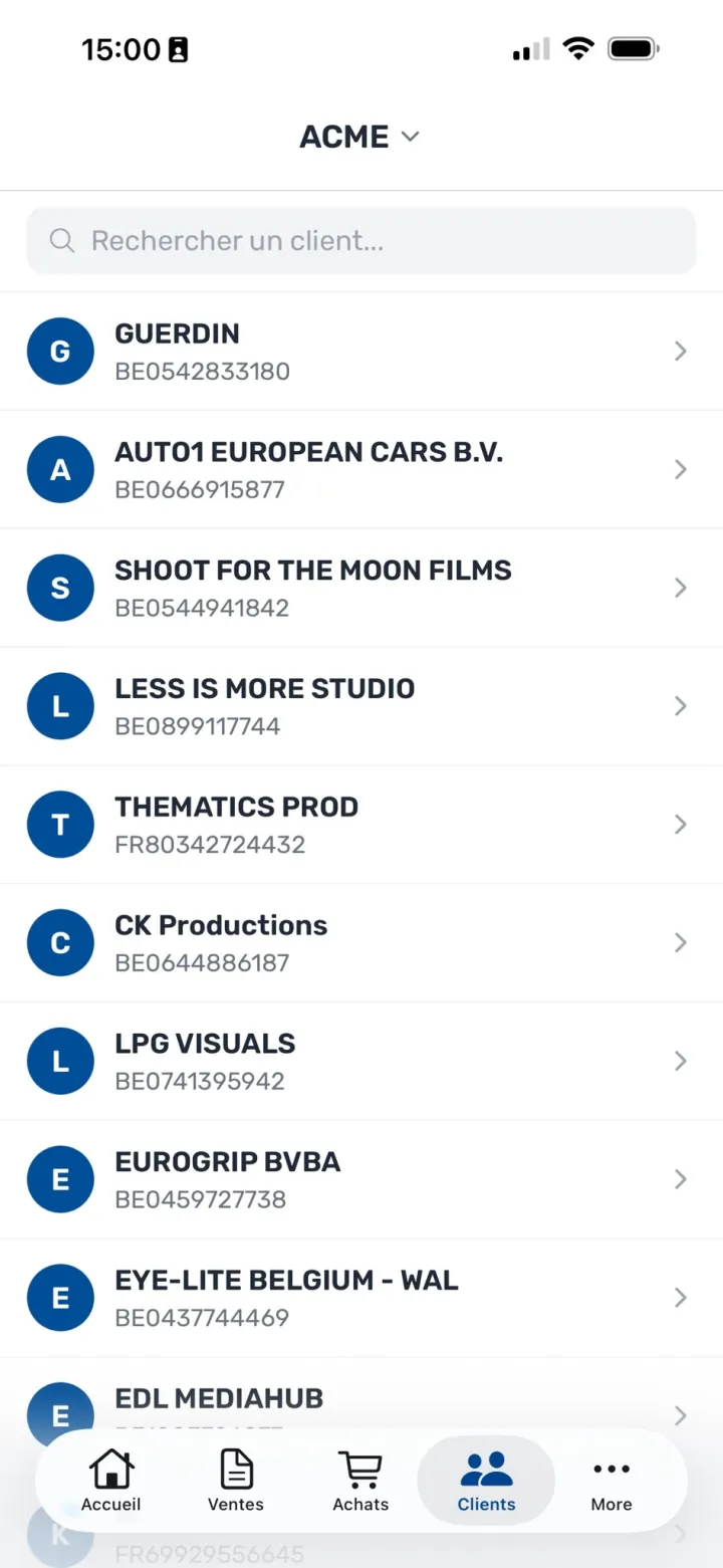 Liste des clients dans l'application mobile MaFacturation