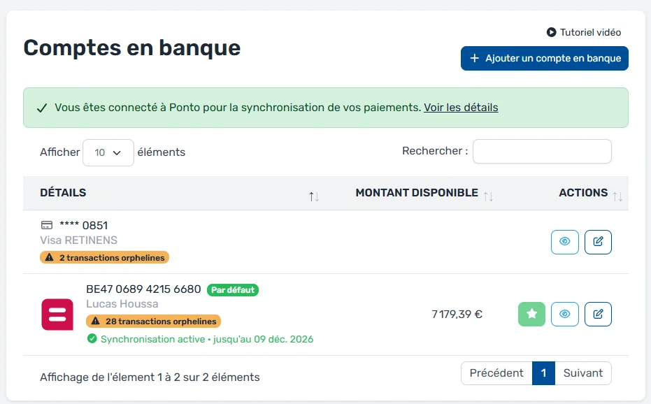 Liste des comptes bancaires connectés via Ponto dans MaFacturation