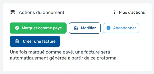 Actions d'un proforma avec conversion automatique en facture dans MaFacturation