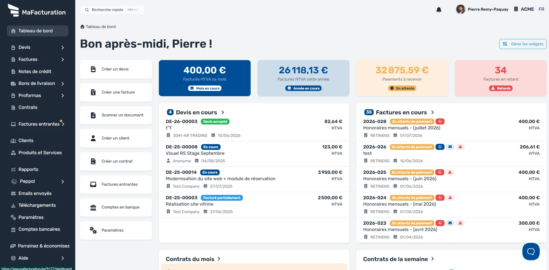 Tableau de bord MaFacturation avec le nombre de factures en retard de paiement