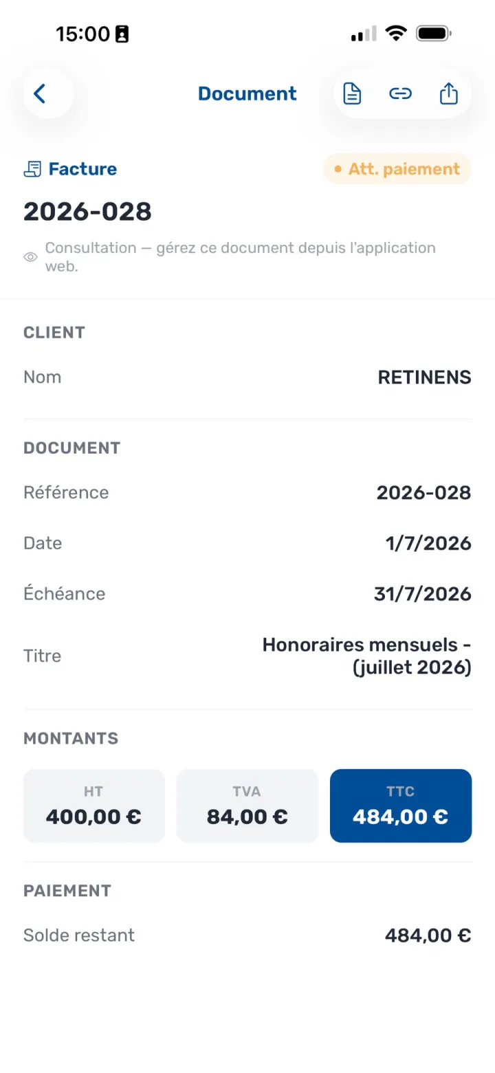Détail d'une facture dans l'application mobile MaFacturation