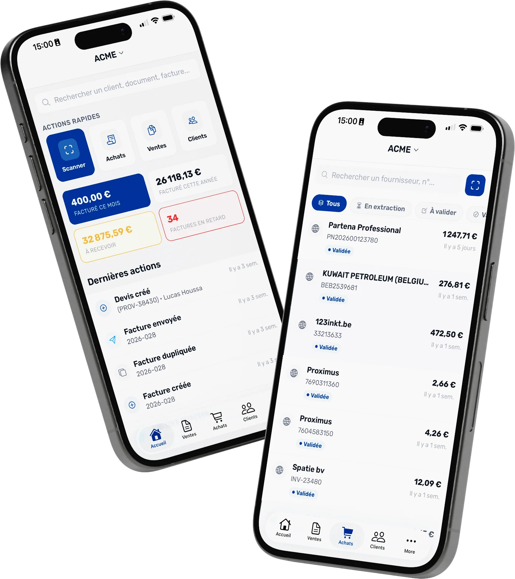 Écrans d'accueil et de suivi des achats de l'application mobile MaFacturation