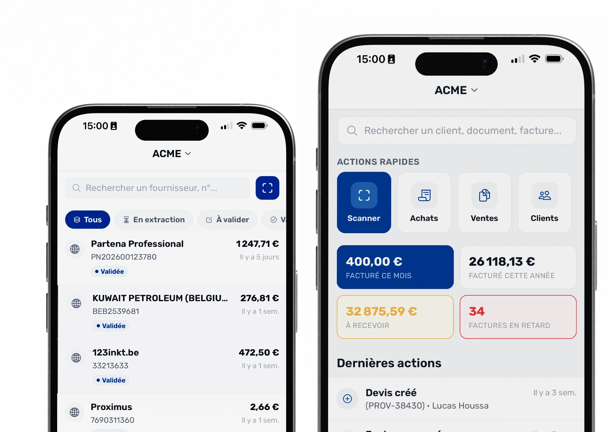 Écrans de l'application mobile MaFacturation