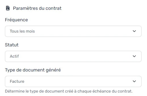 Paramètres d'un contrat récurrent dans MaFacturation