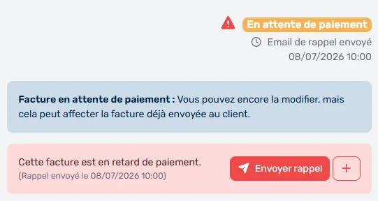 Envoi d'un rappel de paiement pour une facture en retard dans MaFacturation