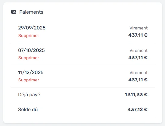 Liste des paiements reçus pour une facture MaFacturation