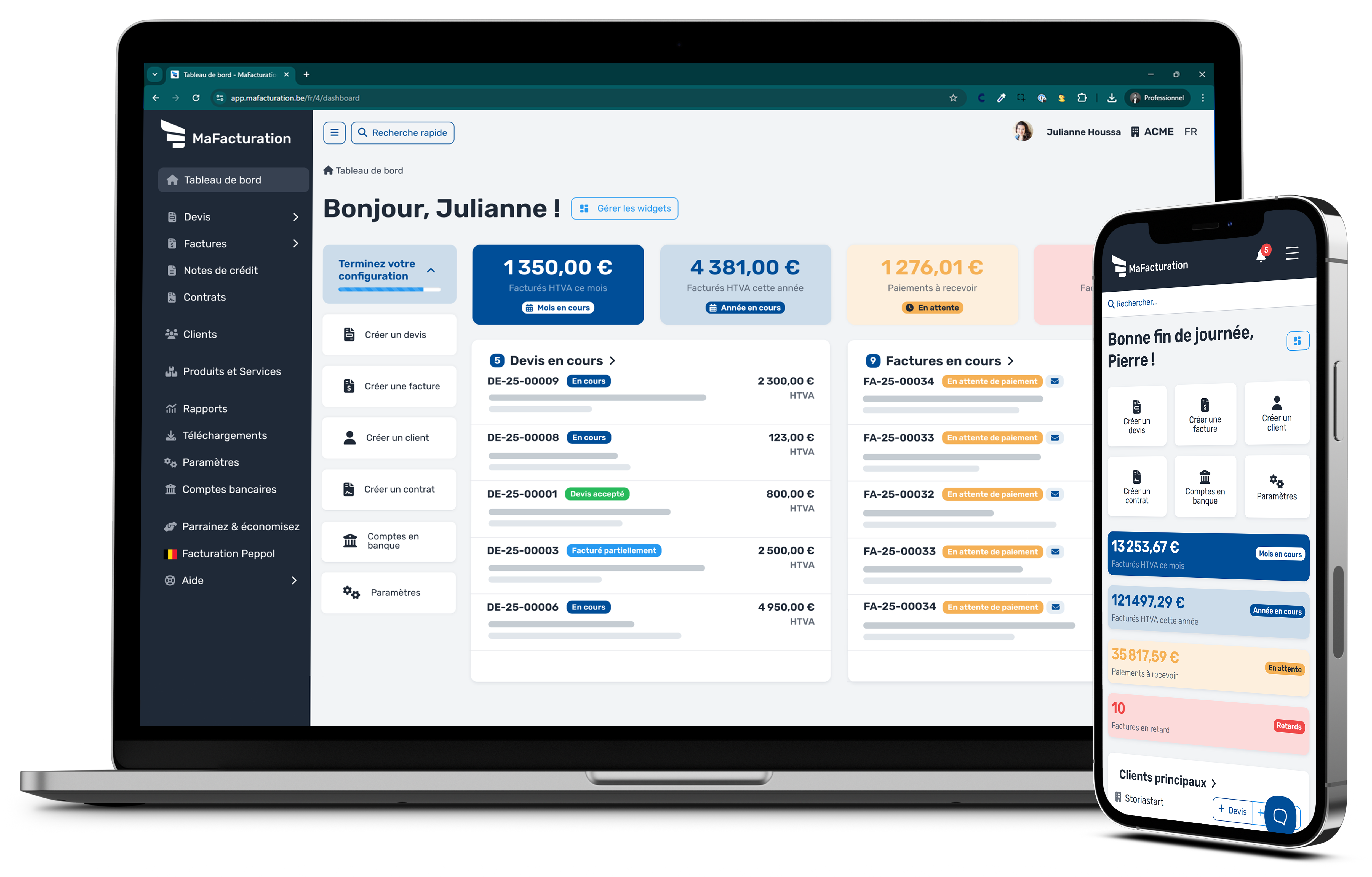 Tableau de bord MaFacturation PME Belgique - Synchronisation bancaire QR code Peppol