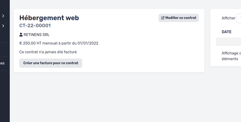 Interface de gestion de contrats MaFacturation