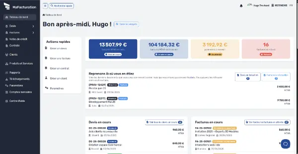 Essai gratuit MaFacturation - Tableau de bord logiciel facturation PME Belgique