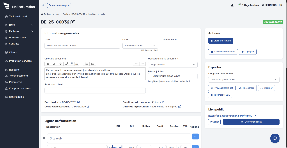 Interface de création de factures MaFacturation